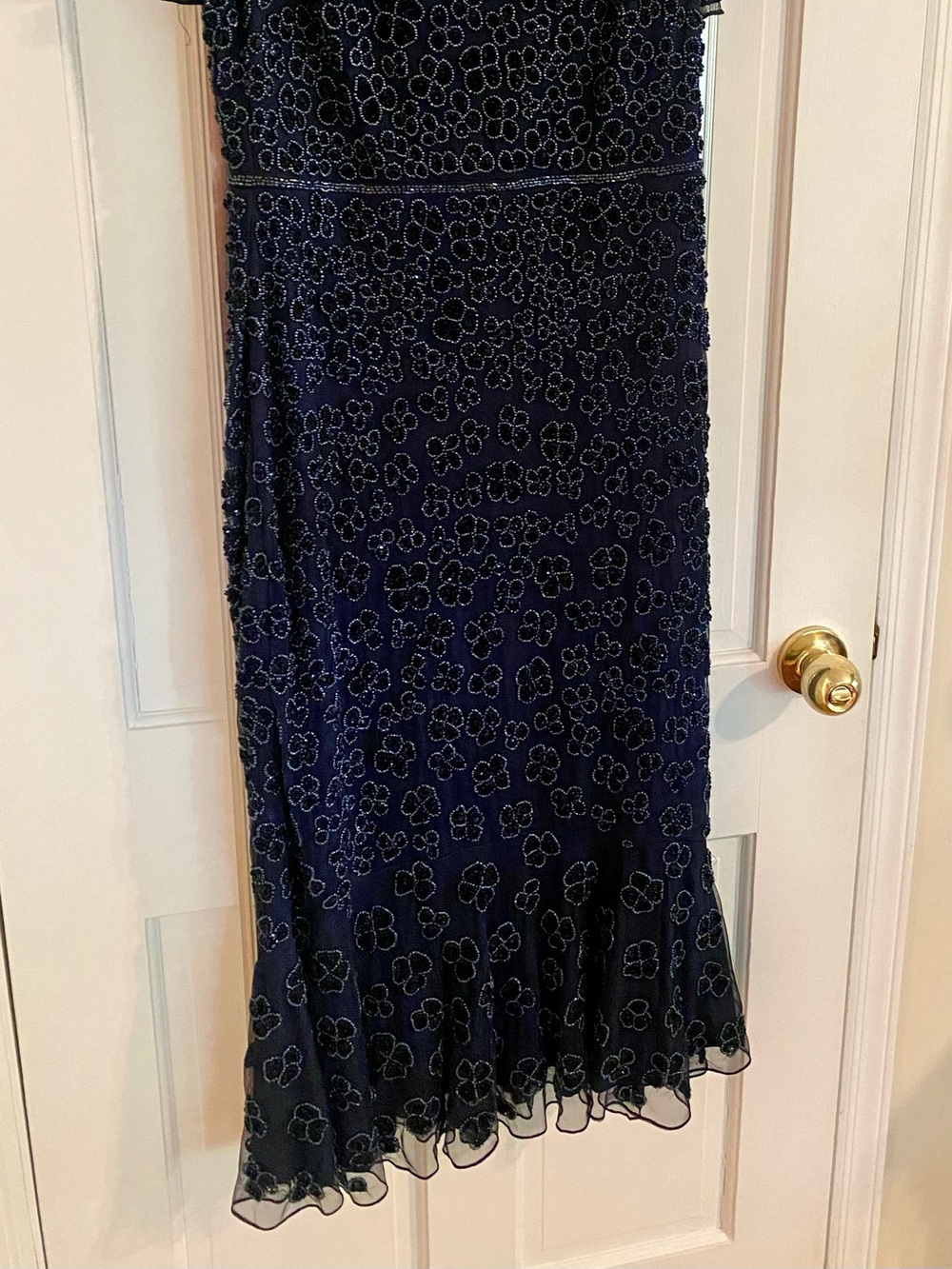 Mac Duggal Navy Floral Beaded Ruffle Sleeve Evening Dress - Picture 3 of 7